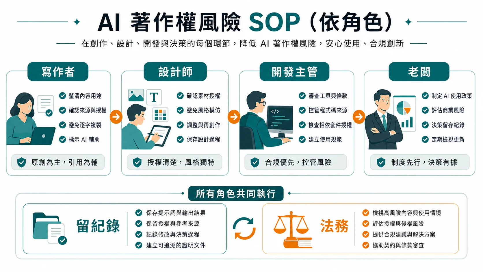 AI 著作權風險依寫作者、設計師、開發主管與老闆整理最小化風險 SOP 的圖