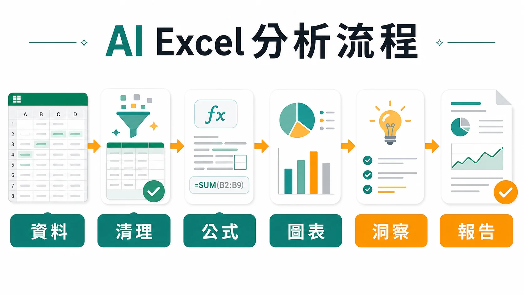 AI Excel 從資料清理到報告產出的分析流程圖