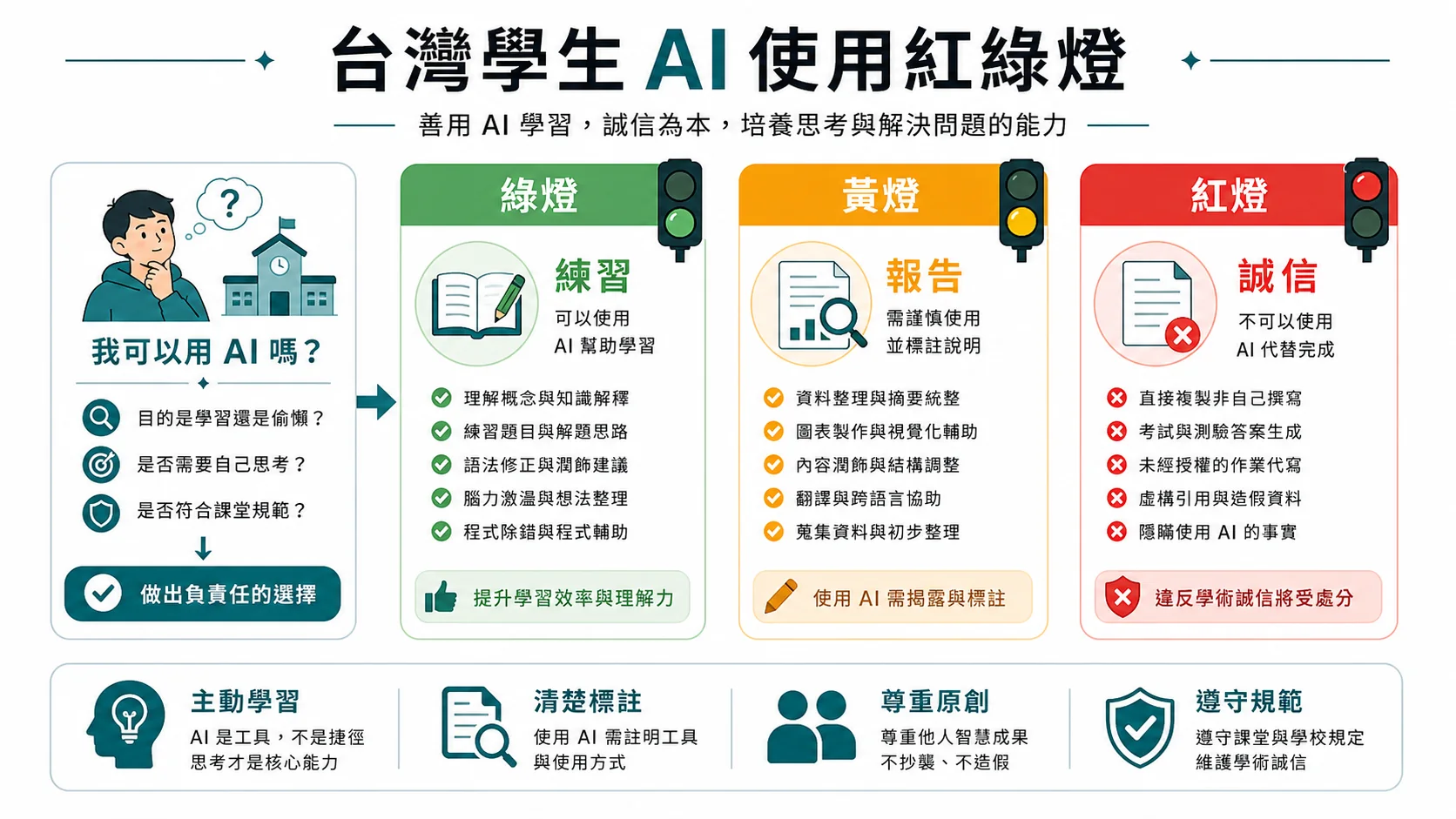台灣學生使用 AI 的綠燈、黃燈、紅燈邊界圖，包含練習、報告與誠信情境