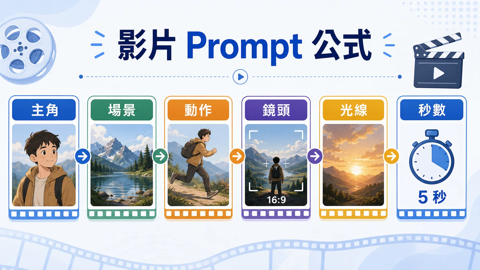 AI 影片 Prompt 公式，包含主角、場景、動作、鏡頭、光線與秒數