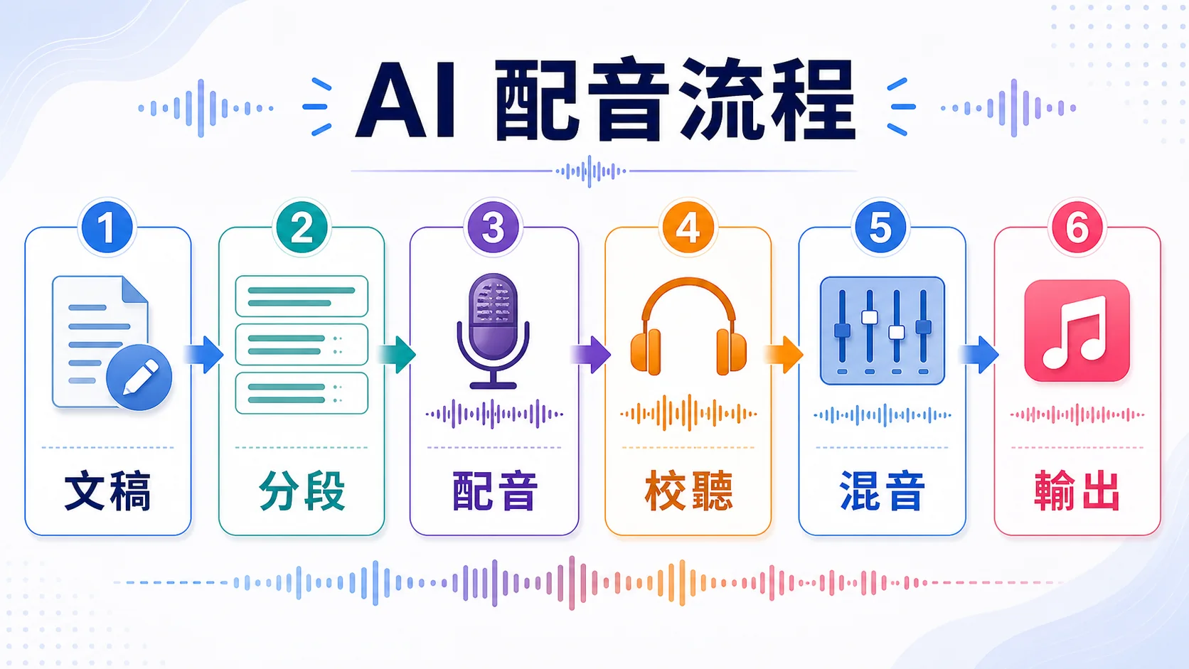 AI 配音流程，從文稿、分段、配音、校聽、混音到輸出