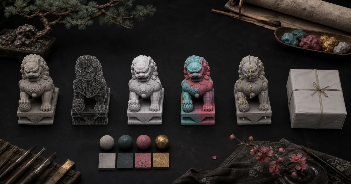 單一物件參考圖經過網格、貼圖、拓撲、骨架與匯出檢查成為可用 3D 資產