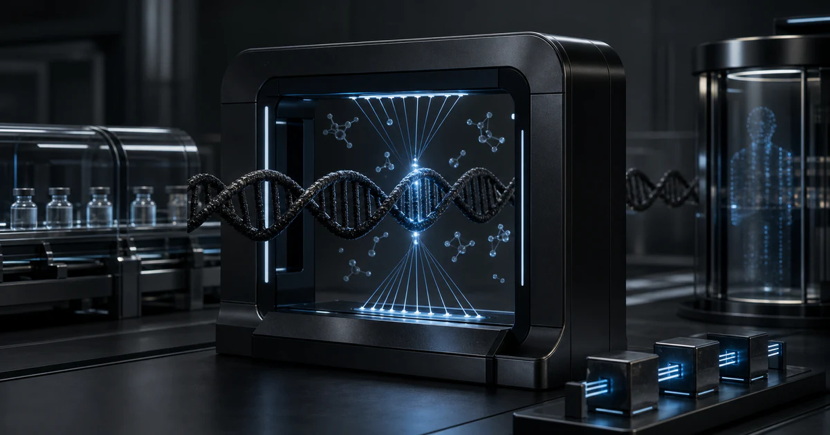 DNA/RNA 合成訂單通過安全掃描、客戶驗證與紀錄保存閘門的深色 AI 生物安全示意圖