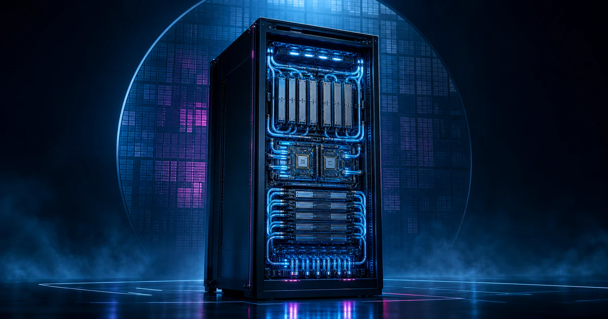 深色資料中心裡一整座液冷 AI 機櫃亮起，象徵 AMD 首度具備整櫃級交付能力