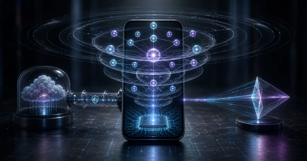 手機系統級 AI agent 連接本機模型、私有雲與外部模型橋接的深色示意圖