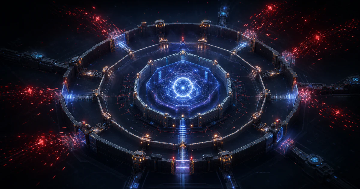 深色 agent containment editorial 風格：代理核心被多層爆炸半徑環、權限閥門、工具通道與邊界閘門限制，象徵降低 AI agent 風險外溢