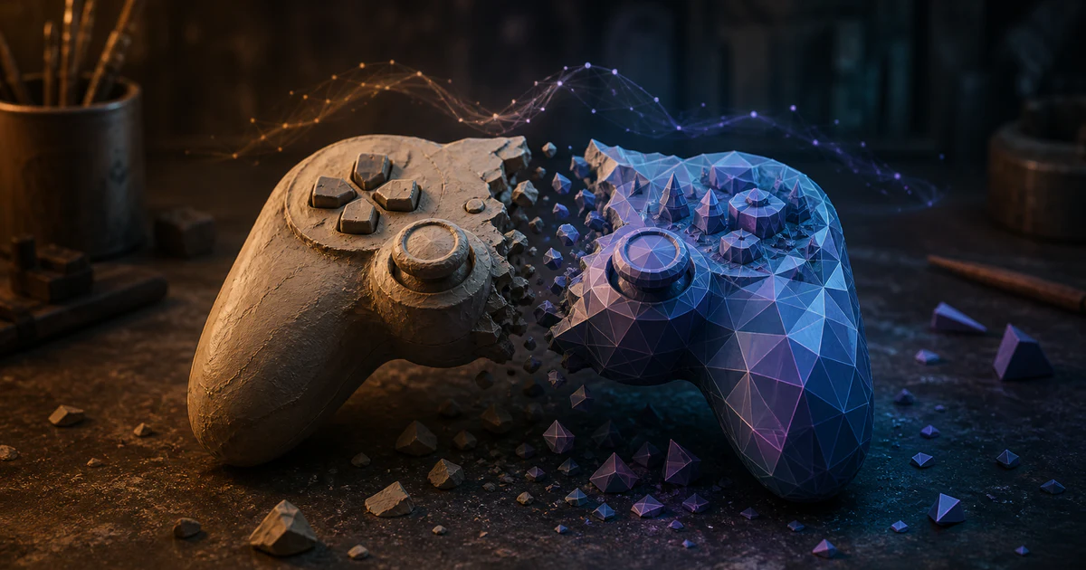 破裂遊戲控制器一半手作一半生成多邊形世界，象徵 GDC 2026 遊戲 AI 衝突