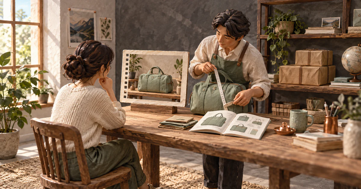 概念插畫：顧客觀看小型商品展示，同時向店員詢問，店員比對商品資料與包裹，呈現觀看到購買前問答的流程