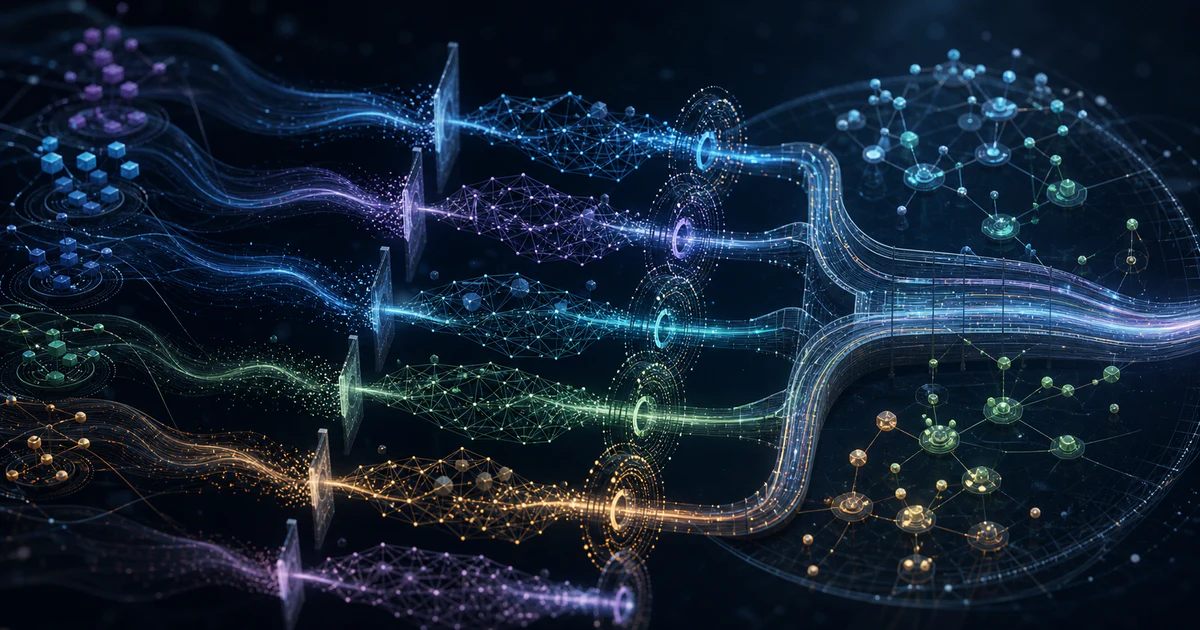深色組織 AI 工作流 editorial 風格：AI pilot 通道穿過任務定義閘、資料品質網、驗收測試環與 operating-model bridge