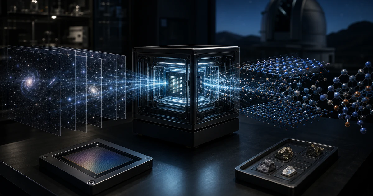 深色 AI 實驗室中，望遠鏡影像資料與材料分子模擬同時流入 GPU 運算核心，象徵 NVIDIA CUDA-X 軟體加速科學 AI 管線