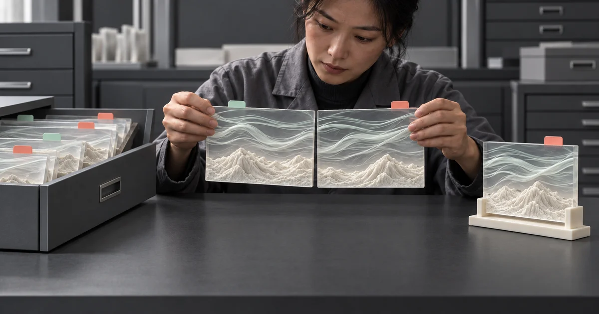 概念插畫：研究員比較標本抽屜中的歷史大氣層模型與桌上的預測模型，呈現天氣回測需要對齊資料時間