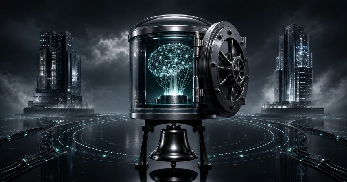 密封申報艙內的 AI 核心面向公開市場審查，遠方兩座 AI 實驗室塔樓象徵 IPO 競賽