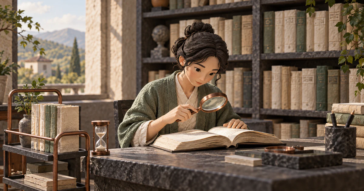 概念插畫：研究員在圖書館以兩個不同深度的取書路徑查找資料，手邊保留放大鏡與計時器，呈現速度和來源品質的比較