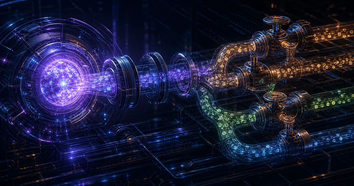 深色 AI 即時計費 editorial 風格：token 使用流穿過計量環、微支付軌道與定價閥門，象徵 streaming payments 與 token pricing