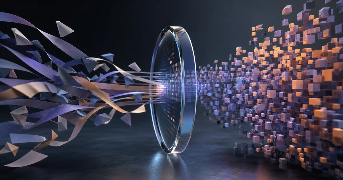 暗い AI ラボでトークナイザーのレンズを通り、多数の token ブロックへ広がる抽象的な紙リボン