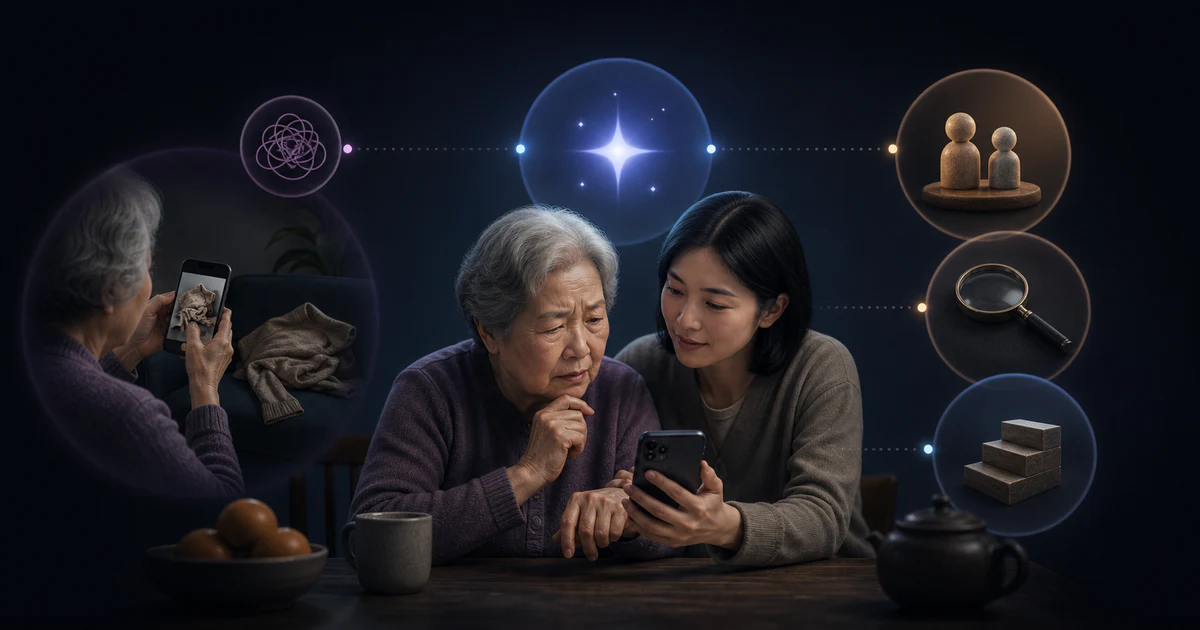 子女陪家中長輩用手機拍照問 AI，從一個真實困擾開始教起的示意畫面