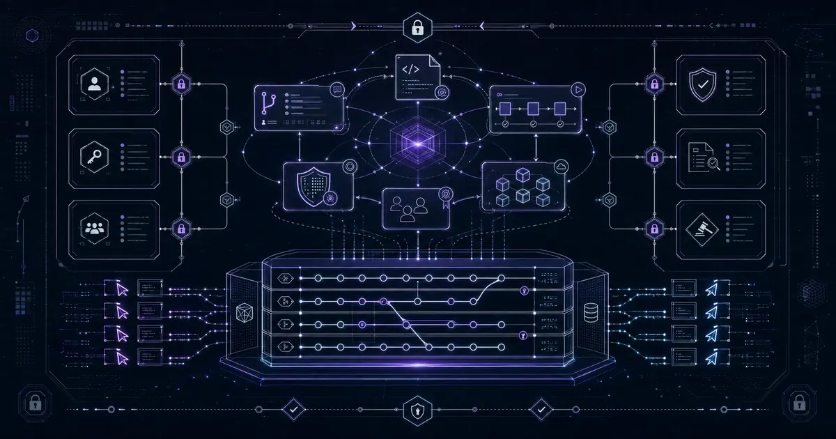 深色技術儀表板中，context graph 串連程式碼、合併請求、CI pipeline、部署節點、弱點盾牌與權限稽核閘門，底層是多條 SCM 儲存軌道